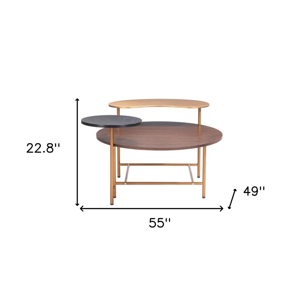 55" Brown Black and Gold Wood and Steel Three Tier Coffee Table HomeRoots