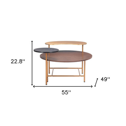 55" Brown Black and Gold Wood and Steel Three Tier Coffee Table HomeRoots
