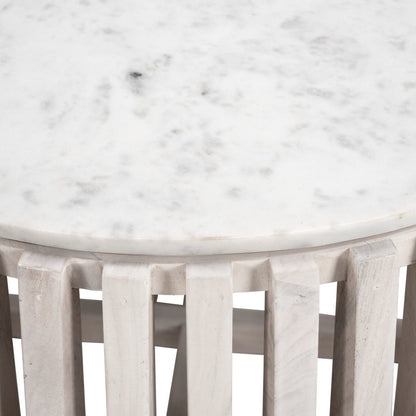 34" White and Natural Genuine Marble and Wood Round Drum Coffee Table HomeRoots