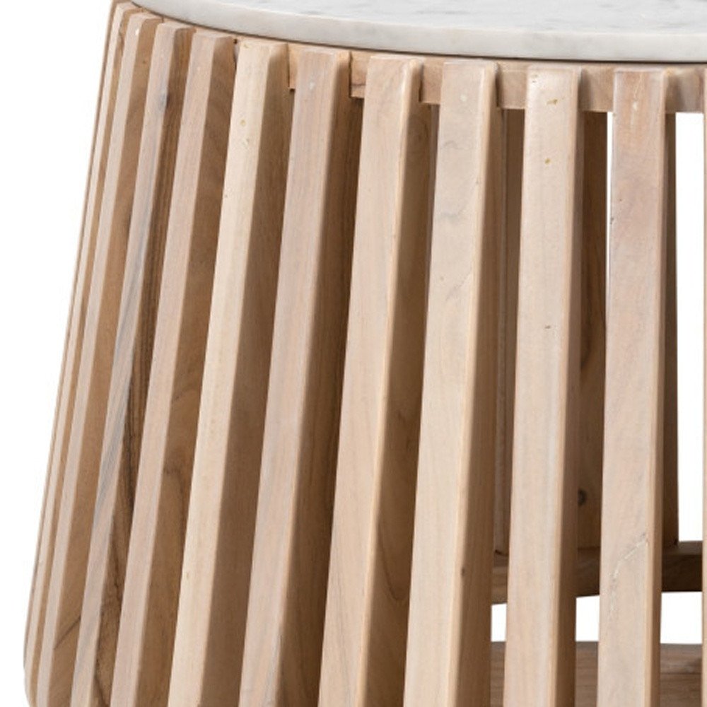 34" White and Natural Genuine Marble and Wood Round Drum Coffee Table HomeRoots