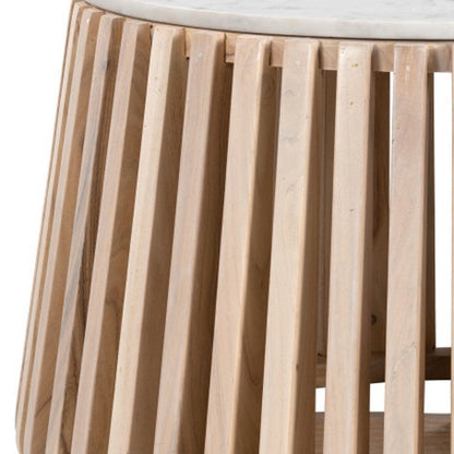 34" White and Natural Genuine Marble and Wood Round Drum Coffee Table HomeRoots