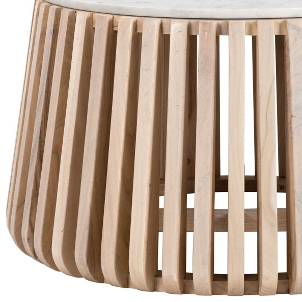 34" White and Natural Genuine Marble and Wood Round Drum Coffee Table HomeRoots