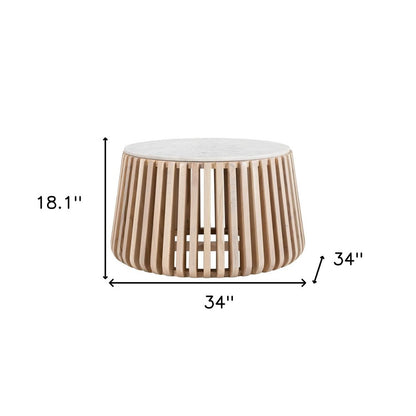 34" White and Natural Genuine Marble and Wood Round Drum Coffee Table HomeRoots