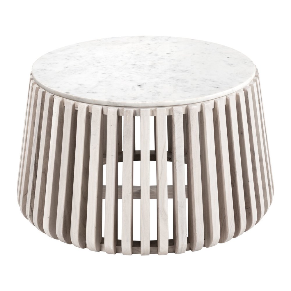 34" White and Natural Genuine Marble and Wood Round Drum Coffee Table HomeRoots