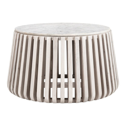 34" White and Natural Genuine Marble and Wood Round Drum Coffee Table HomeRoots