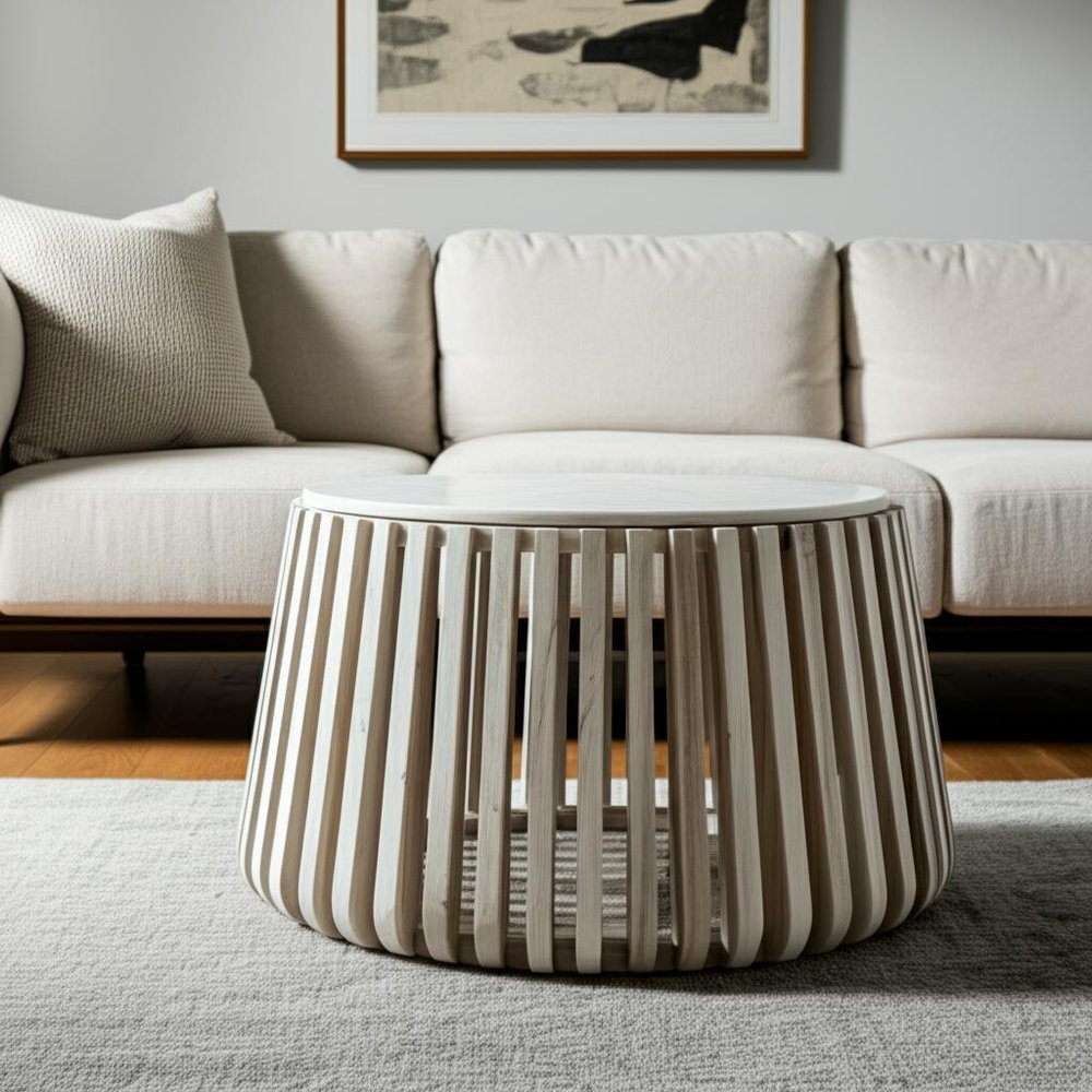 34" White and Natural Genuine Marble and Wood Round Drum Coffee Table HomeRoots