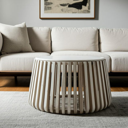 34" White and Natural Genuine Marble and Wood Round Drum Coffee Table HomeRoots