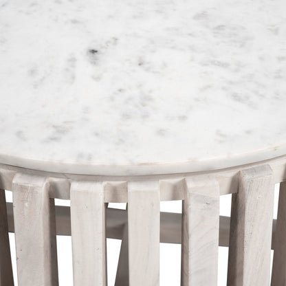 34" White and Natural Genuine Marble and Wood Round Drum Coffee Table HomeRoots