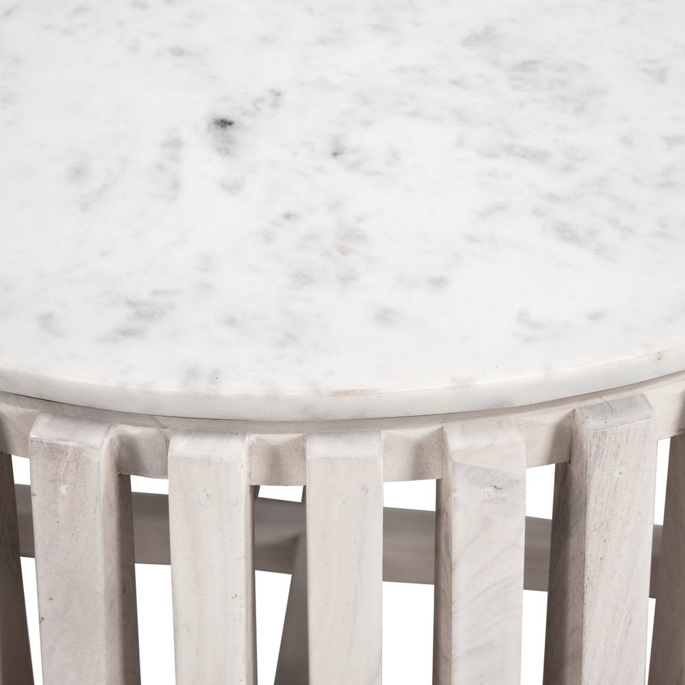34" White and Natural Genuine Marble and Wood Round Drum Coffee Table HomeRoots
