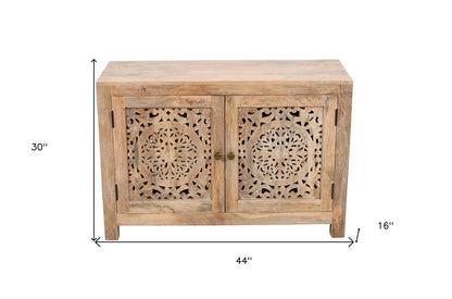 30" Natural Solid Wood Textured Door Accent Cabinet With Two Doors HomeRoots