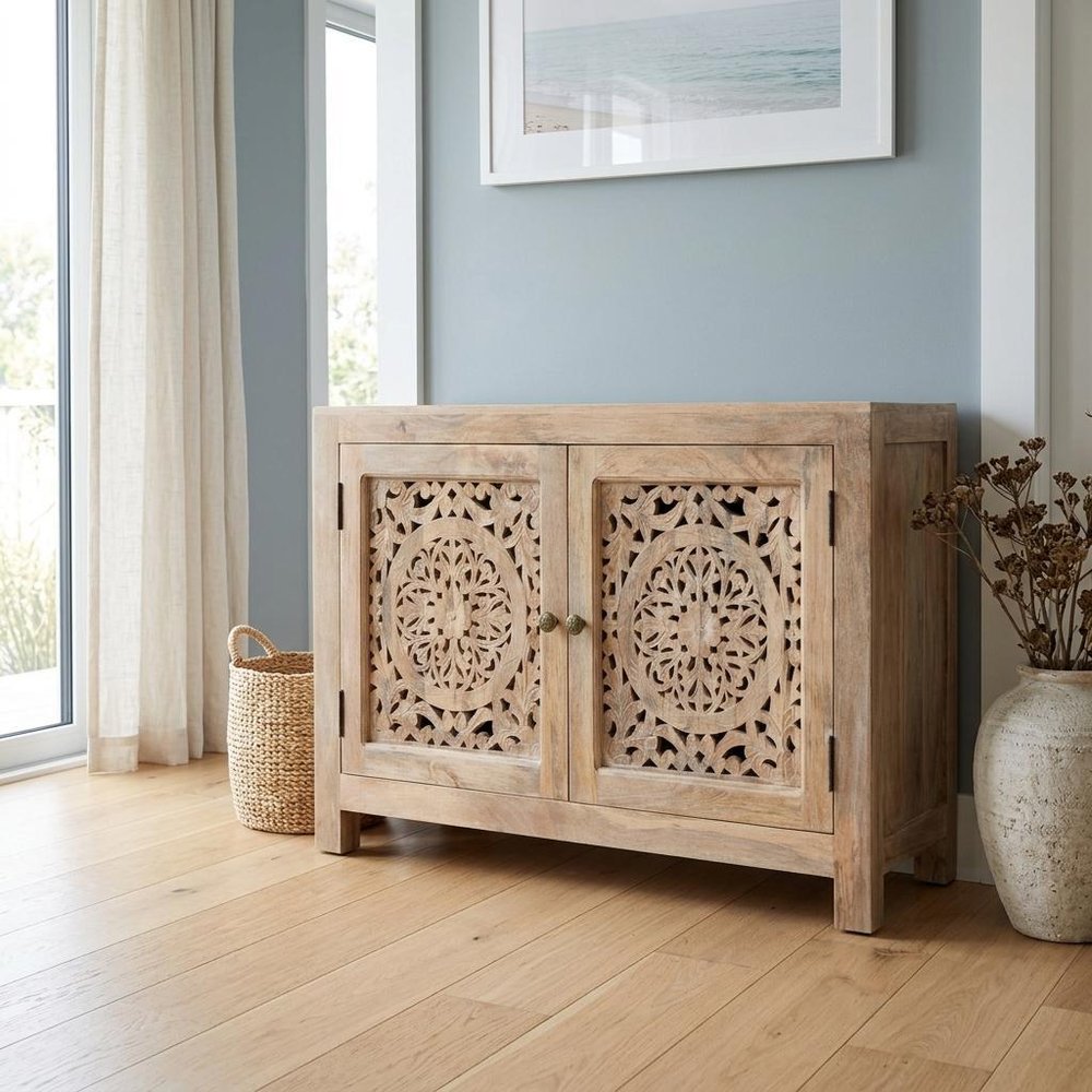 30" Natural Solid Wood Textured Door Accent Cabinet With Two Doors HomeRoots