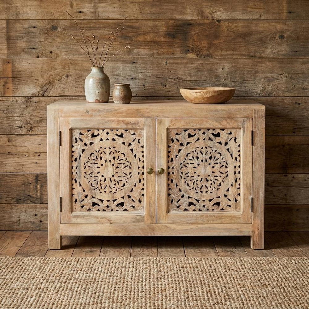 30" Natural Solid Wood Textured Door Accent Cabinet With Two Doors HomeRoots