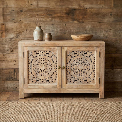 30" Natural Solid Wood Textured Door Accent Cabinet With Two Doors HomeRoots