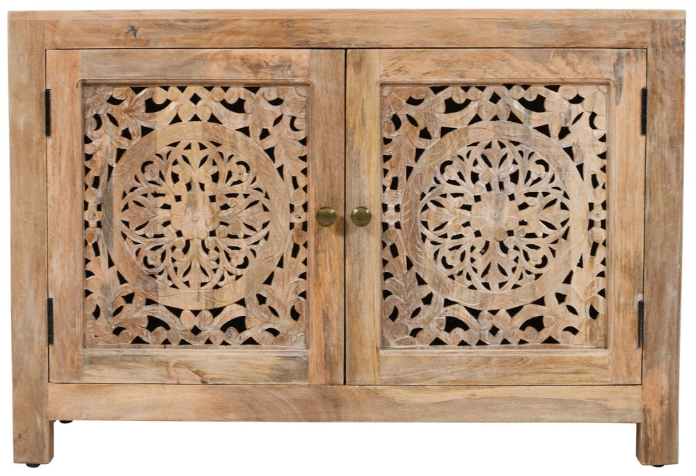 30" Natural Solid Wood Textured Door Accent Cabinet With Two Doors HomeRoots