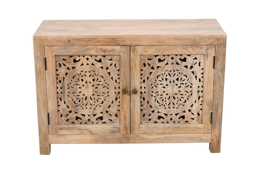30" Natural Solid Wood Textured Door Accent Cabinet With Two Doors HomeRoots