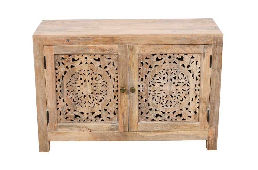 30" Natural Solid Wood Textured Door Accent Cabinet With Two Doors HomeRoots