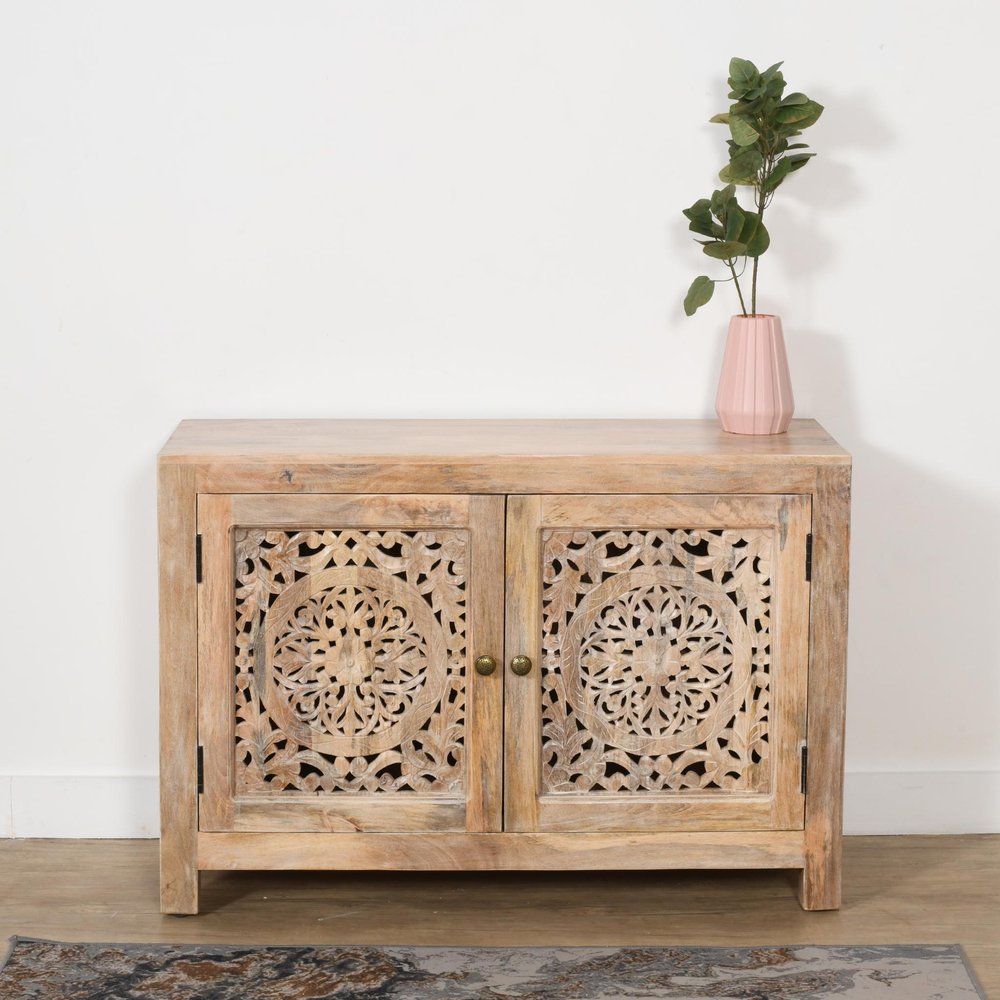 30" Natural Solid Wood Textured Door Accent Cabinet With Two Doors HomeRoots