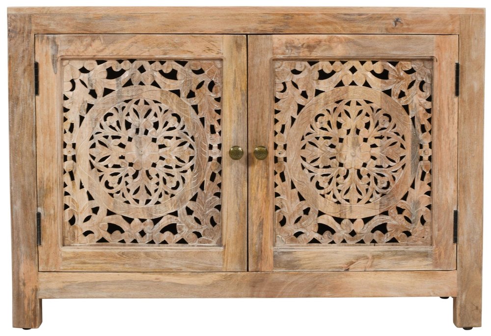 30" Natural Solid Wood Textured Door Accent Cabinet With Two Doors HomeRoots