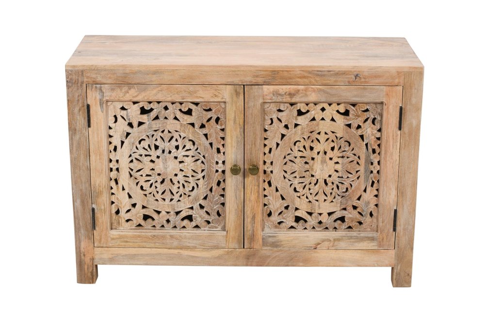 30" Natural Solid Wood Textured Door Accent Cabinet With Two Doors HomeRoots