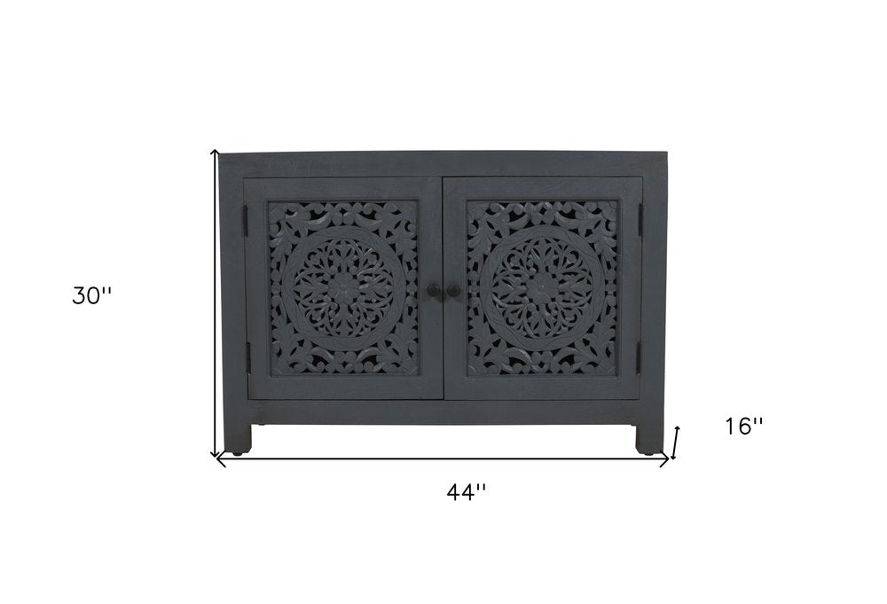 30" Gray Distressed Solid Wood Textured Door Accent Cabinet With Two Doors HomeRoots