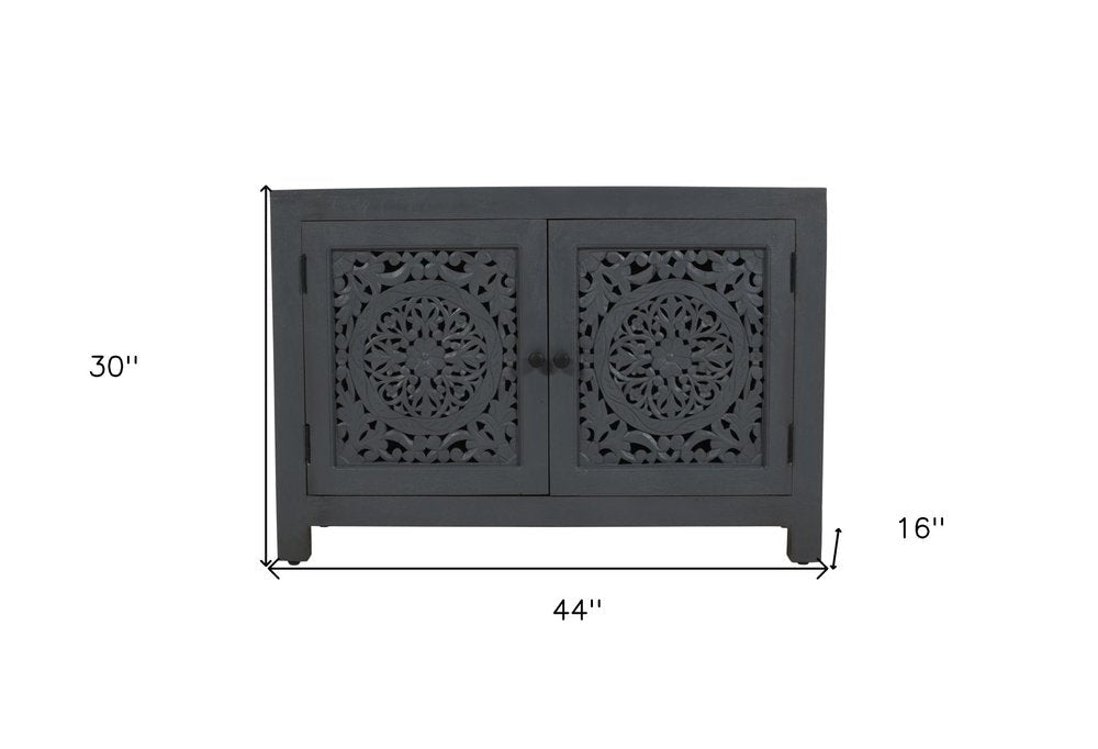 30" Gray Distressed Solid Wood Textured Door Accent Cabinet With Two Doors HomeRoots