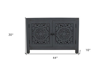 30" Gray Distressed Solid Wood Textured Door Accent Cabinet With Two Doors HomeRoots