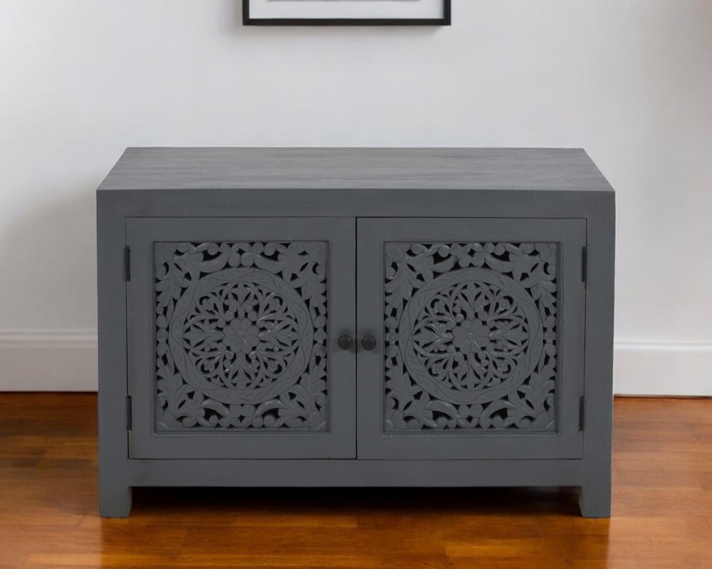 30" Gray Distressed Solid Wood Textured Door Accent Cabinet With Two Doors HomeRoots