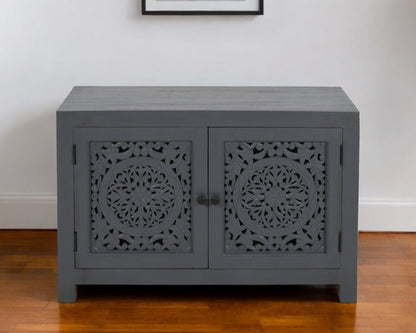 30" Gray Distressed Solid Wood Textured Door Accent Cabinet With Two Doors HomeRoots