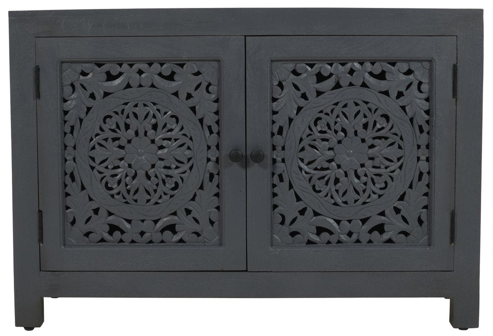 30" Gray Distressed Solid Wood Textured Door Accent Cabinet With Two Doors HomeRoots