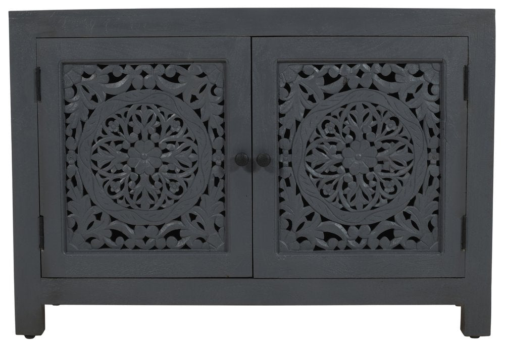 30" Gray Distressed Solid Wood Textured Door Accent Cabinet With Two Doors HomeRoots