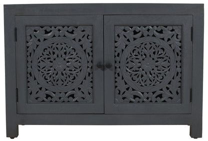 30" Gray Distressed Solid Wood Textured Door Accent Cabinet With Two Doors HomeRoots