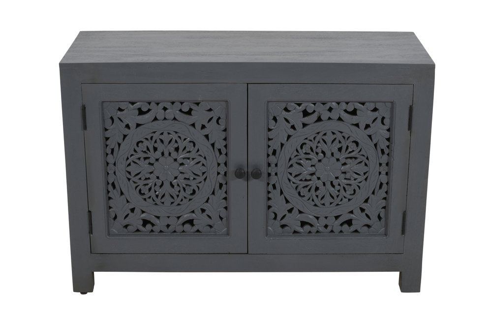 30" Gray Distressed Solid Wood Textured Door Accent Cabinet With Two Doors HomeRoots