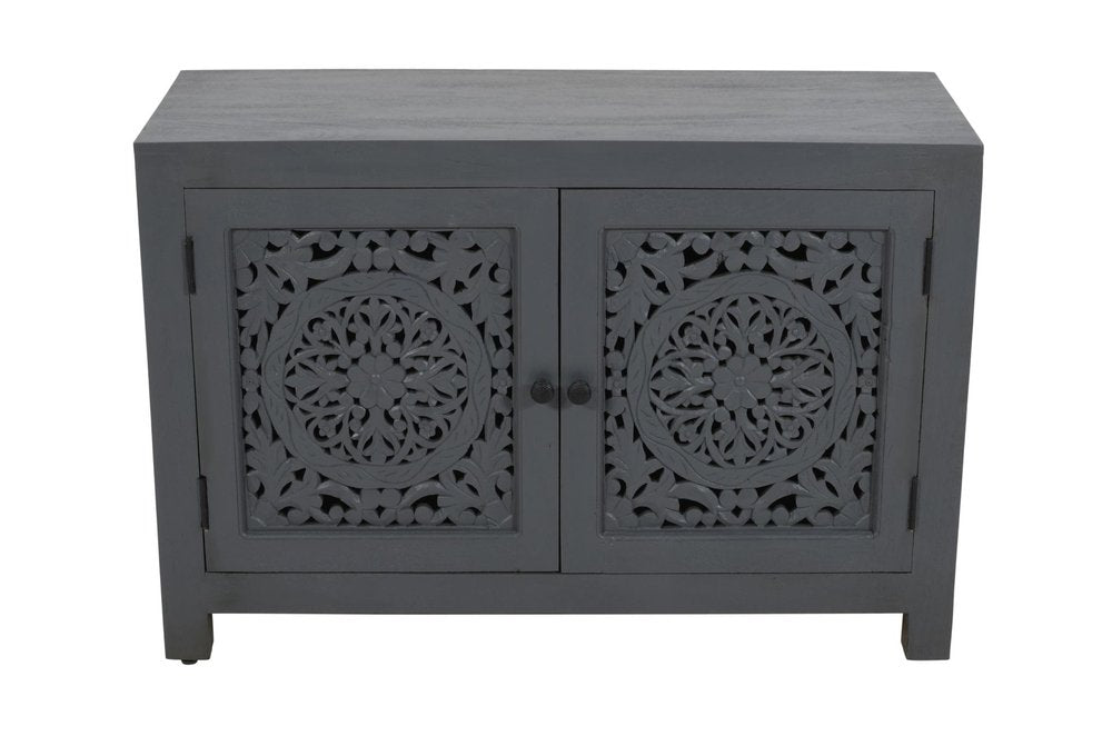 30" Gray Distressed Solid Wood Textured Door Accent Cabinet With Two Doors HomeRoots