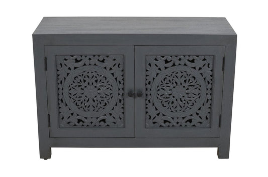 30" Gray Distressed Solid Wood Textured Door Accent Cabinet With Two Doors HomeRoots