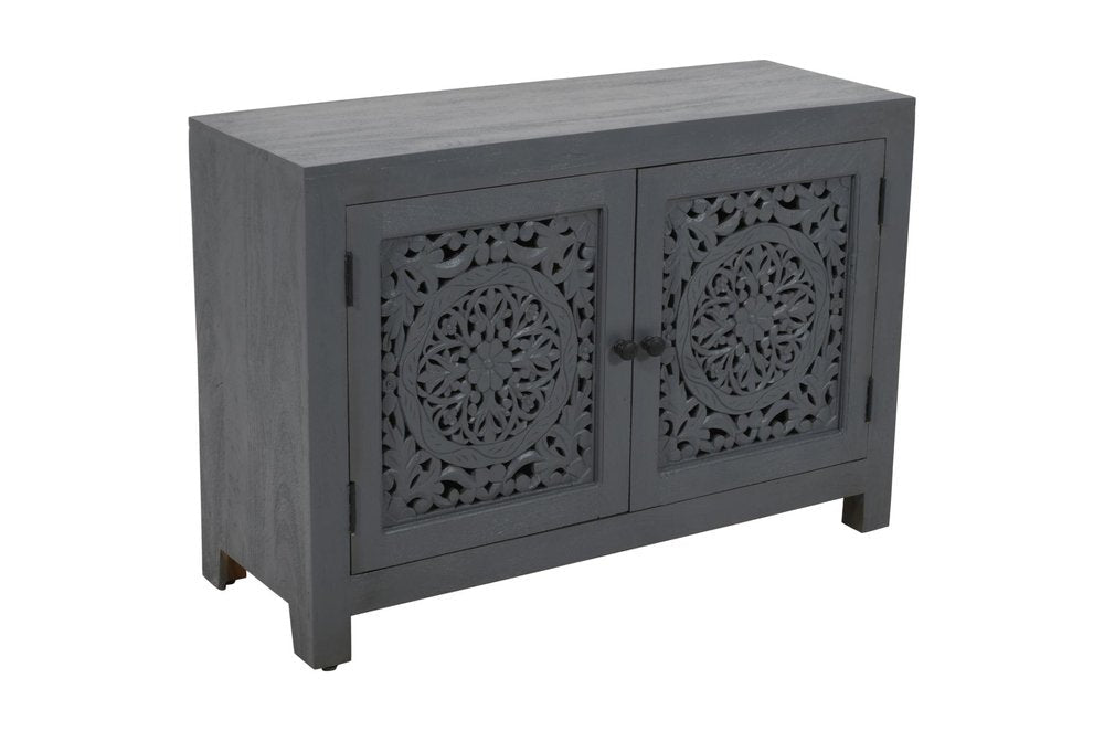 30" Gray Distressed Solid Wood Textured Door Accent Cabinet With Two Doors HomeRoots