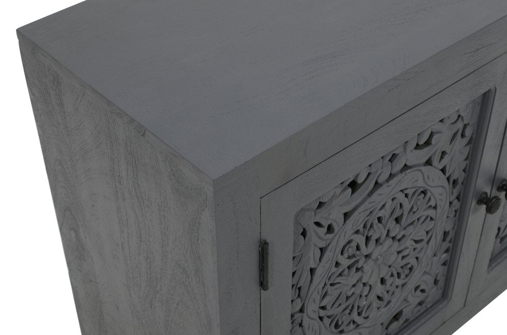 30" Gray Distressed Solid Wood Textured Door Accent Cabinet With Two Doors HomeRoots