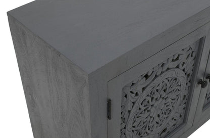 30" Gray Distressed Solid Wood Textured Door Accent Cabinet With Two Doors HomeRoots