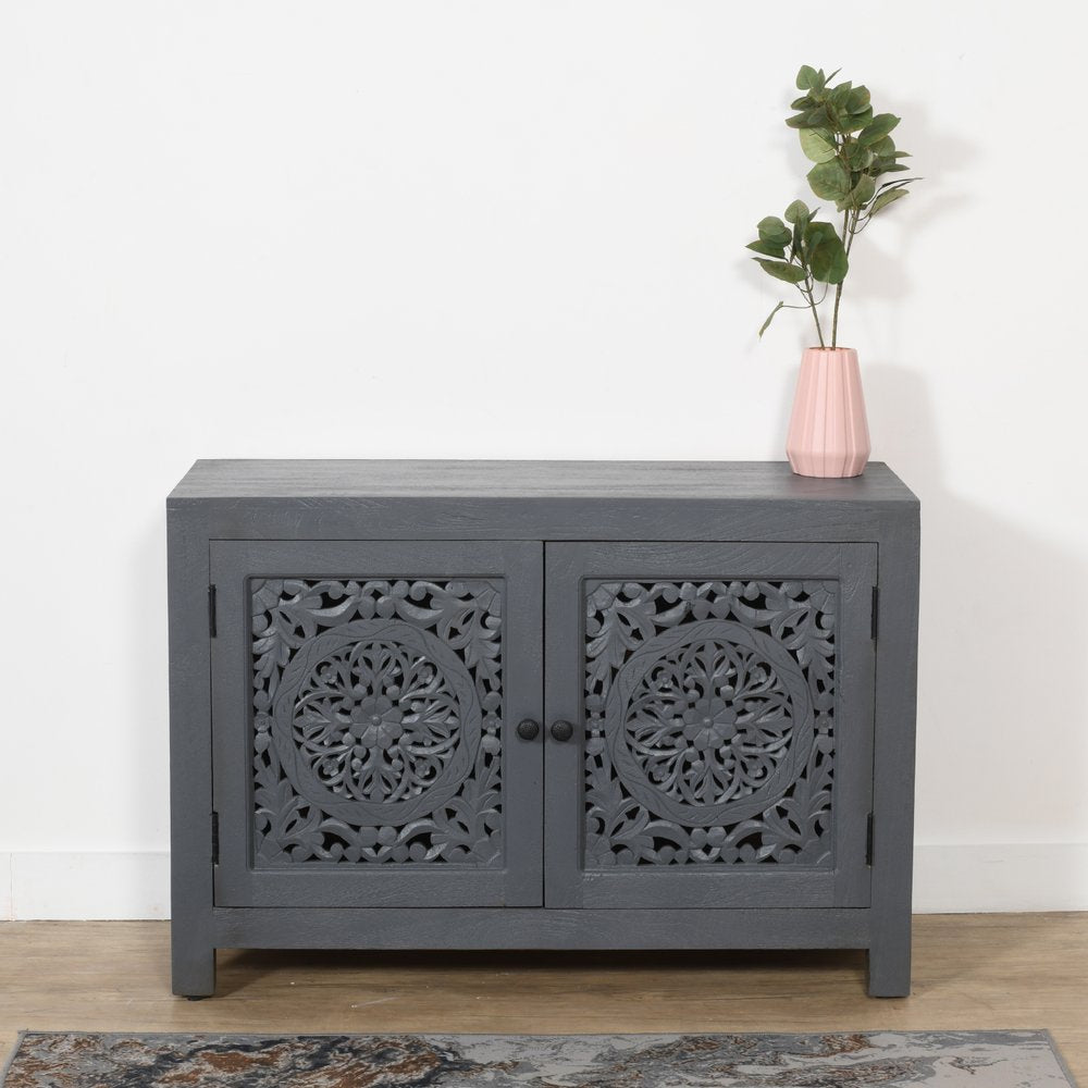 30" Gray Distressed Solid Wood Textured Door Accent Cabinet With Two Doors HomeRoots