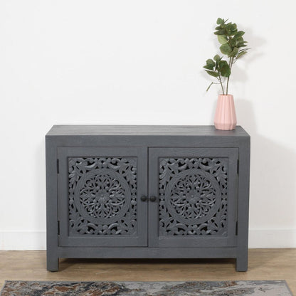 30" Gray Distressed Solid Wood Textured Door Accent Cabinet With Two Doors HomeRoots
