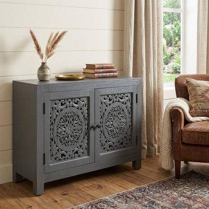 30" Gray Distressed Solid Wood Textured Door Accent Cabinet With Two Doors HomeRoots