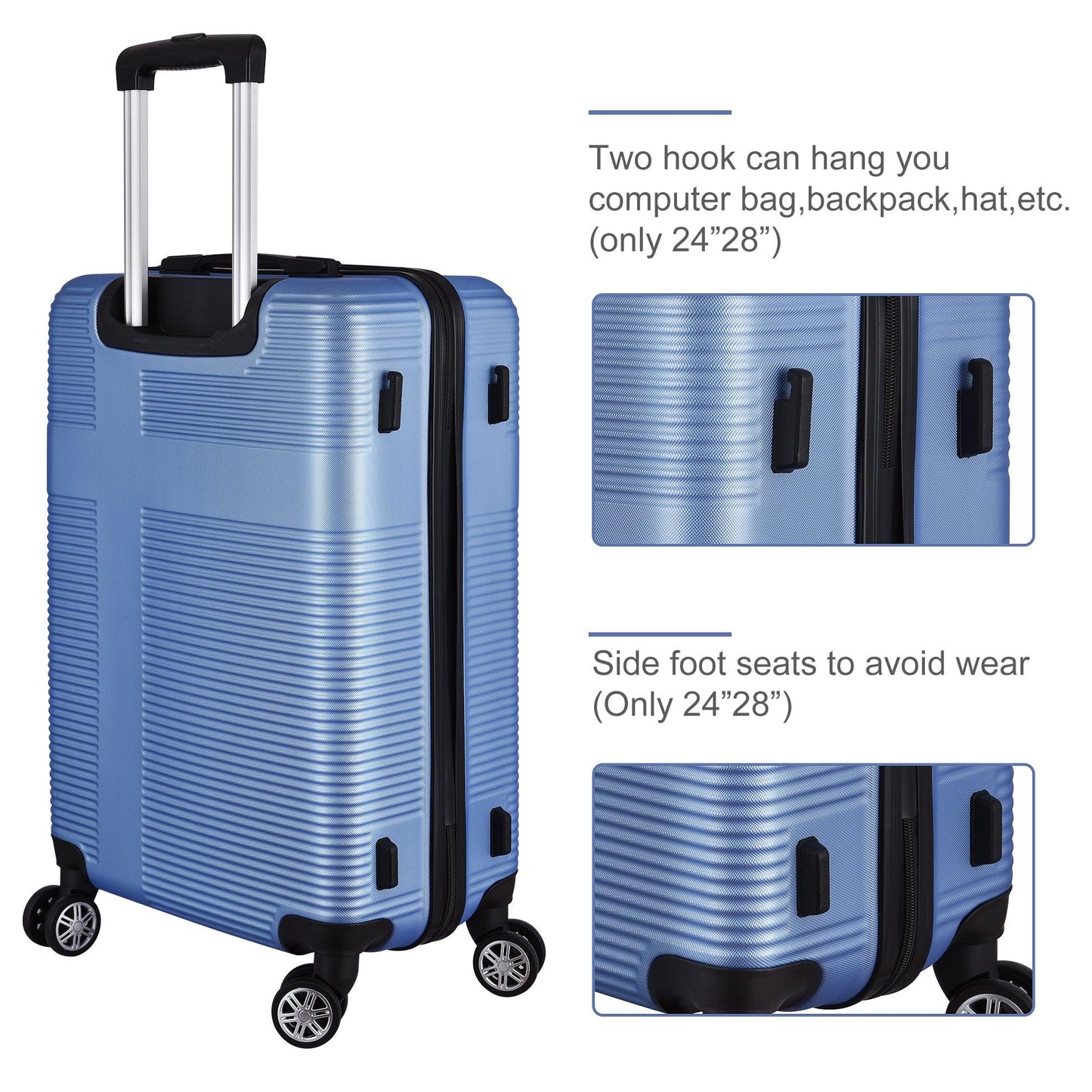 3 Piece Luggage with TSA Lock ABS, Durable Luggage Set, Spinner Wheels Cross Stripe Luggage Sets 20in/24in /28in Light Blue - FurniFindUSA