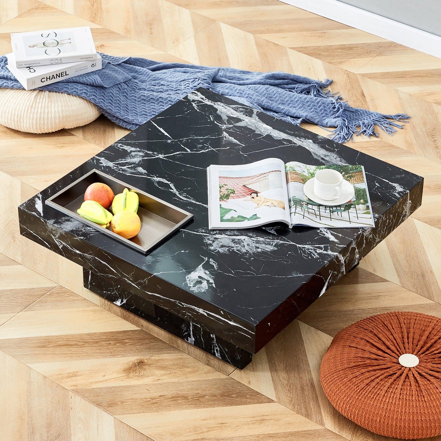 A modern and practical coffee table made of MDF material with black patterns - FurniFindUSA