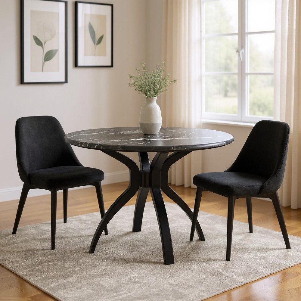 50" Black Faux Marble and Steel Pedestal Base Round Top Dining Table HomeRoots