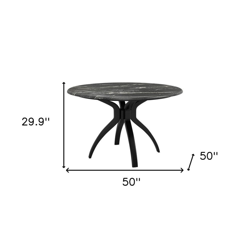 50" Black Faux Marble and Steel Pedestal Base Round Top Dining Table HomeRoots