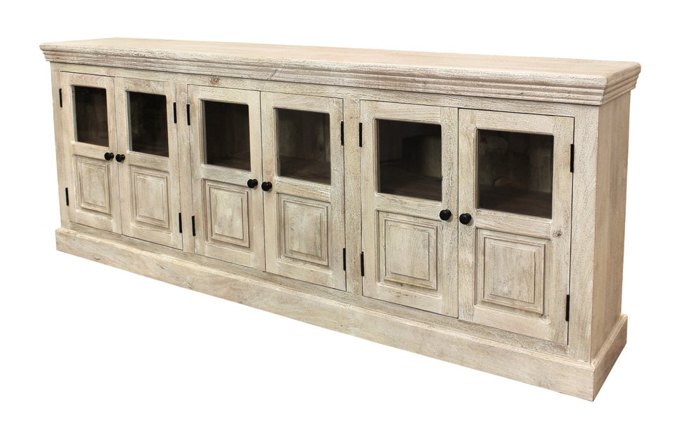93" Antiqued White Distressed Solid Wood Sideboard with Six Glass Doors HomeRoots
