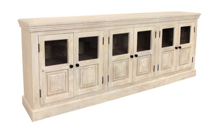 93" Antiqued White Distressed Solid Wood Sideboard with Six Glass Doors HomeRoots