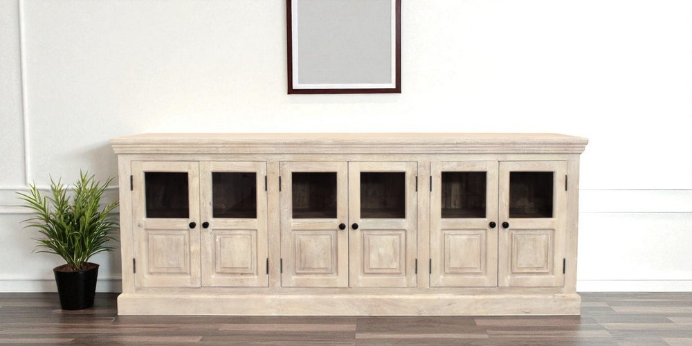 93" Antiqued White Distressed Solid Wood Sideboard with Six Glass Doors HomeRoots