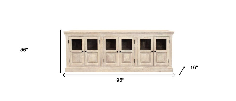 93" Antiqued White Distressed Solid Wood Sideboard with Six Glass Doors HomeRoots