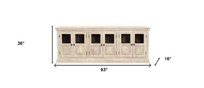 93" Antiqued White Distressed Solid Wood Sideboard with Six Glass Doors HomeRoots