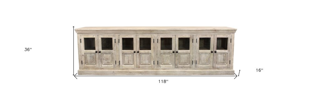 118" Antiqued White Distressed Solid Wood Sideboard with 8 Glass Doors HomeRoots